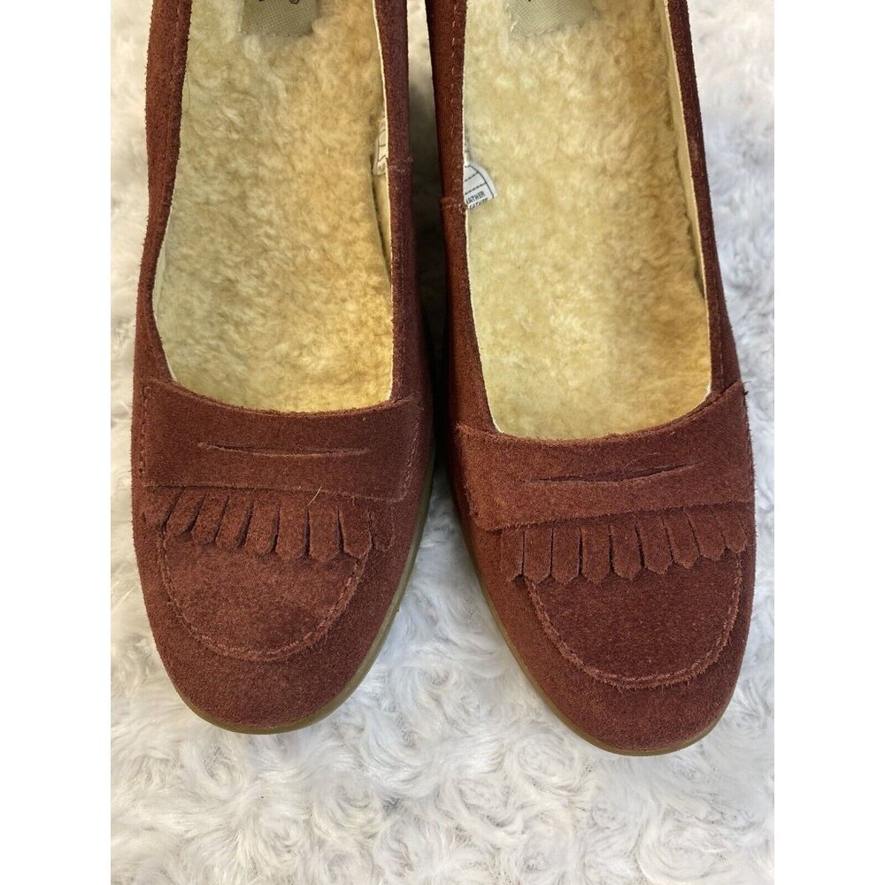 UGG Australia size 10 Leather Suede Slip On loafer wedge Heel Burgundy Fur Lined - Picture 8 of 8